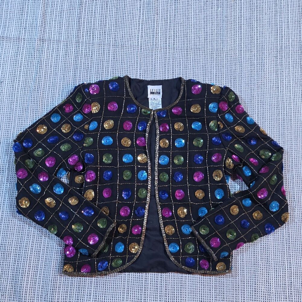 Vintage Leslie Fay Evenings Womens Sequin Polkadot Jacket Size S Black Multi